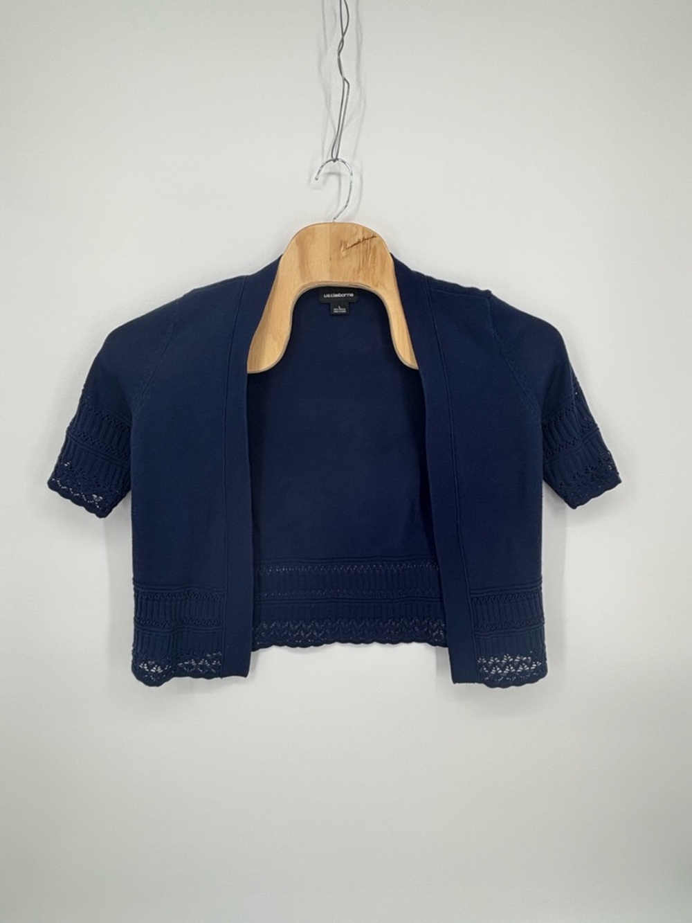 Liz Claiborne Navy Blue Shrug Cardigan Large Short Sleeve Ope Front Crochet Knit